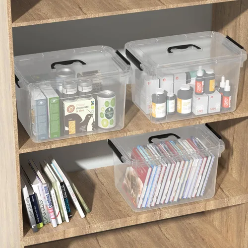 Vista 4 de Cajas de almacenamiento transparentes de 10.5 cuartos de galón con tapas, contenedor de almacenamiento de plástico con asas, juego de 4