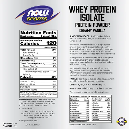 Vista 2 de NOW Sports Nutrition, aislado de proteína de suero de leche, 0.88 oz con BCAAs, polvo cremoso de vainilla, 8 paquetes