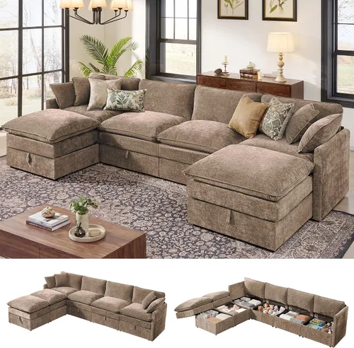 Vista 16 de Ihanherry Sofá modular de 103 pulgadas con almacenamiento, sofá de nube en forma de U con otomanas móviles y 4 almohadas, sofás seccionales