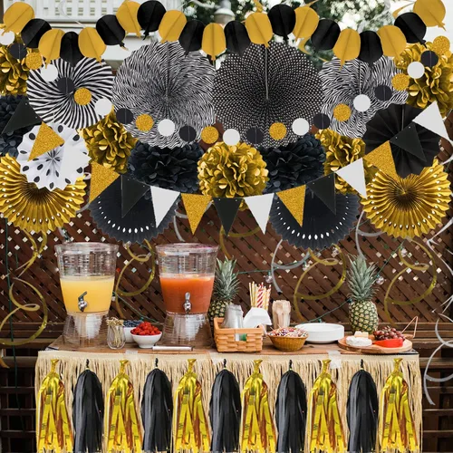Vista 8 de ZERODECO Decoraciones de fiesta, 41 unidades, abanicos de Papar negros y dorados, guirnaldas, guirnaldas de papel de seda para graduación