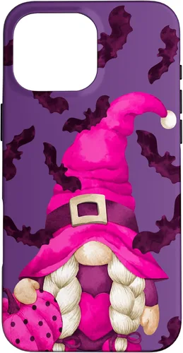 Vista 19 de Halloween Pink Pumpkin and Bat Decor with Cute Witch Gnome Case for iPhone 17