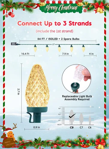 Vista 7 de Luces de Navidad C9 para exteriores, 114 pies, 150 luces LED C9 con temporizador y 8 modos de luz, luces impermeables de grado comercial conectables