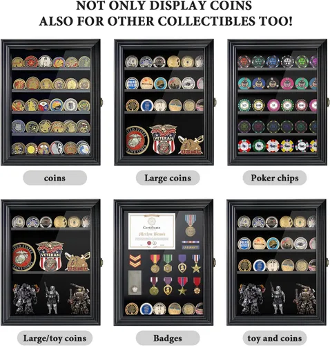 Vista 5 de Vitrina de Monedas de Desafío Militar con Vidrio Templado HD - Vitrina para Medallas de 5 Filas Gabinete Estante Caja de Sombra con Estantes