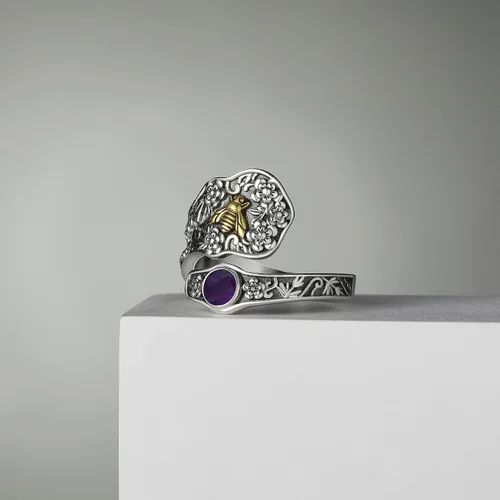 Vista 3 de Anillo de cuchara de plata de ley, anillos gruesos de abeja de oro para mujer, anillo de turquesa ajustable