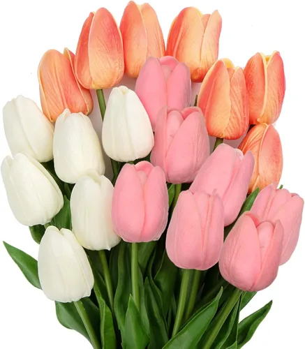 Vista 12 de 24 tulipanes rosas – Flores artificiales – Tulipanes artificiales de 13.5 pulgadas para el día de la madre, jarrón, centros de mesa, hogar, ramo