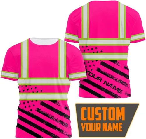 Vista 2 de HiVis Custom Camisa de alta visibilidad de color con bandera de Estados Unidos para hombres y mujeres con nombre personalizado camiseta de seguridad