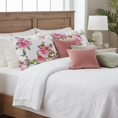 Vista 2 de DaDa Bedding Romantic Roses - Funda de almohada tamaño Queen – Precioso jardín floral rosa y blanco de primavera – Funda de almohada acolchada