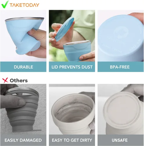 Vista 2 de TakeToday 2 vasos plegables de viaje de 8 onzas, taza de agua plegable de silicona, sin BPA con tapa y bolsa impermeable, juego de vasos para beber