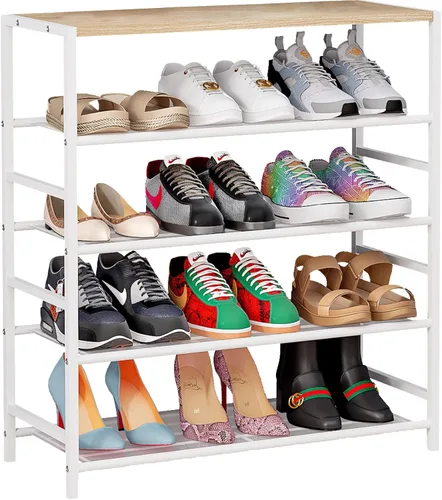 Vista 11 de INGIORDAR Organizador de zapatero de 4 niveles, estante organizador de metal con tablero MDF industrial y tela en capas para entrada, armario, Negro