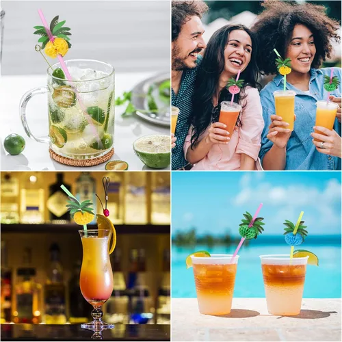 Vista 6 de 100 unidades de pajitas de árbol de coco, pajitas desechables de plástico en forma de panal, suministros para decoración de fiesta tropical hawaiana