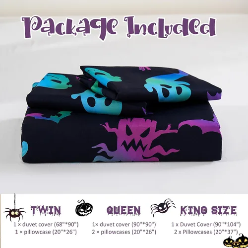 Vista 7 de Menghomeus Juego de ropa de cama de Halloween, tamaño King, color negro, juego de funda de edredón con diseño de calabaza y fantasma de dibujos