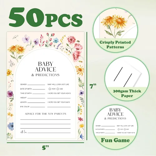 Vista 2 de JOETMAE Tarjetas de juegos de baby shower de 5 x 7 pulgadas, predicciones florales y tarjeta de consejos, 50 tarjetas grandes de predicciones