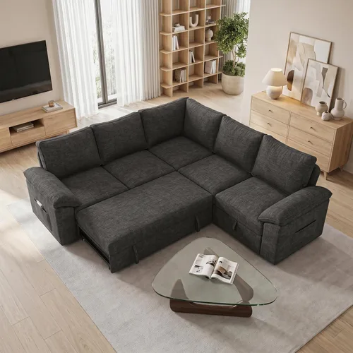 Vista 9 de Sofá modular de 85 pulgadas con cama extraíble, sofá modular de 5 asientos en forma de L con almacenamiento, sofás seccionales para sala de estar