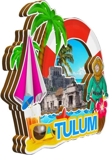 Vista 2 de Tulum México Imán de nevera con imán de madera 3D, monumentos coleccionables de viaje, decoración hecha a mano -2022