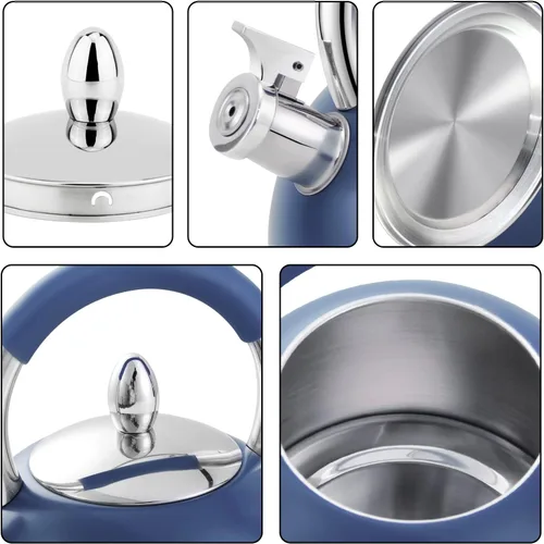 Vista 2 de Tetera silbante para estufa, tetera de acero inoxidable con mango ergonómico de silicona, tetera para estufa, 3.2 cuartos de galón / 3 litros, azul