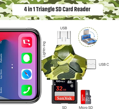 Vista 2 de Lector de tarjetas SD/Micro SD para iPhone/iPad/Android/Mac/Computadora/Cámara, Lector de tarjetas de memoria portátil triangular 4 en 1, compatible