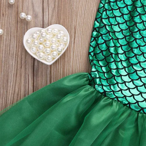 Vista 5 de 2PCS Toddler Kids Baby Girl Mermaid Tail Bikini Set, Wrap Chest Top + Fishtail Skirt Cover-Ups Dress Swimwear