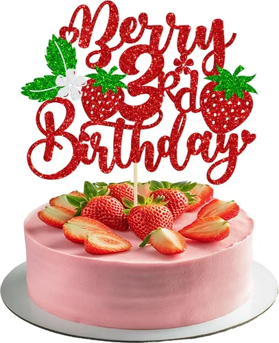 Vista 12 de Gyufise 1 pieza de fresa Sweet One Cake Topper Glitter First Birthday Strawberry Cake Pick para el tema de fruta dulce, baby shower, fiesta