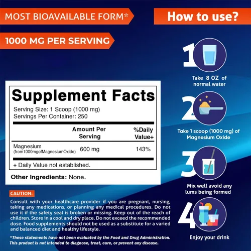 Vista 2 de Vitamatic Polvo de óxido de magnesio – 1000 mg por porción – 250 porciones – Suplemento de magnesio de alta absorción – 600 mg de magnesio elemental