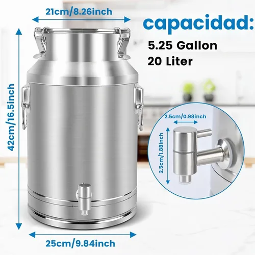 Vista 2 de Lata de leche de acero inoxidable 304 de 20 litros, cubo de vino de 5.25 galones con espita y tapa sellada, resistente