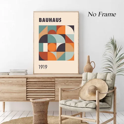Vista 3 de Bauhaus - Arte de pared moderno de mediados de siglo, póster geométrico de Bauhaus, bloque de color azul y naranja, impresiones artísticas