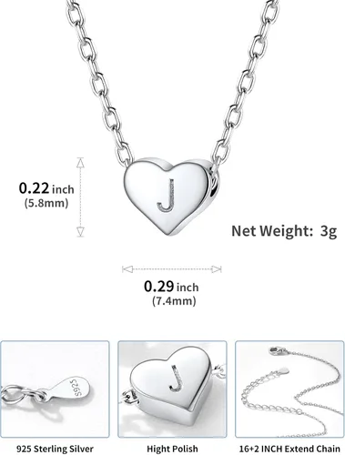 Vista 5 de SILVERCUTE Pequeños collares con inicial de plata de ley 925 con dije de letra A-Z para mujeres y niñas, gargantilla de corazón de 16 pulgadas + 2