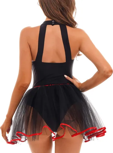Vista 4 de renvena Vestido tutú de payasos de circo para mujer, lindo cuello odiador, disfraz de Halloween Rave Party Dance Droll
