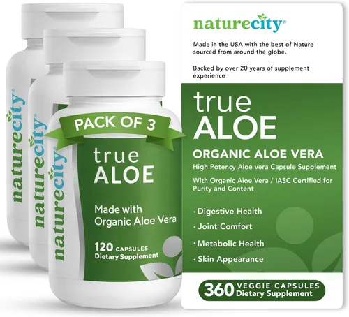 Vista 8 de NatureCity True-Aloe 80,000 mg equivalente de gel de aloe vera por porción, fabricado con aloe vera orgánico (120 cápsulas) soporte digestivo