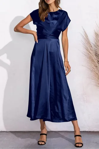 Vista 5 de PRETTYGARDEN Vestido midi de satén de verano 2023 para mujer, manga casquillo, lazo en la cintura, elegante, vestido acampanado