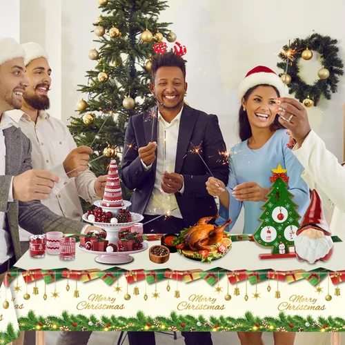 Vista 2 de Mantel navideño desechable de plástico, 3 piezas de 54 x 108 pulgadas, mantel rectangular de vinilo blanco de Navidad con la frase "Merry