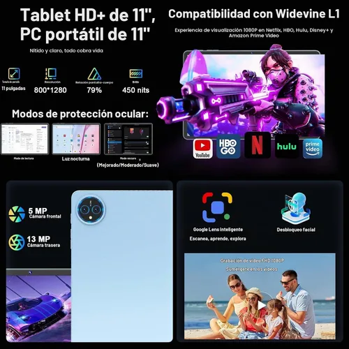 Vista 6 de Relndoo 2026 Tablet Android 15 de 11 pulgadas con teclado, 24GB+256GB+2TB Expandir Tablets PC with Gemini AI, Octa-Core, 8000mAh, 5G WiFi, Plateado