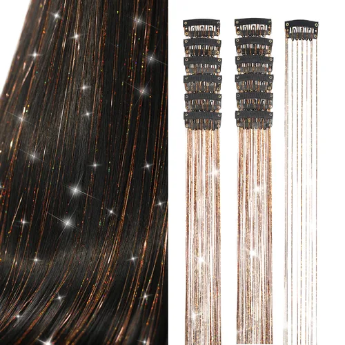 Vista 17 de Ubeleco Kit de oropel para cabello negro de 12 piezas, accesorios de cabello con clip de 52 cm, kit de oropel de pelo de hada para Navidad y Año