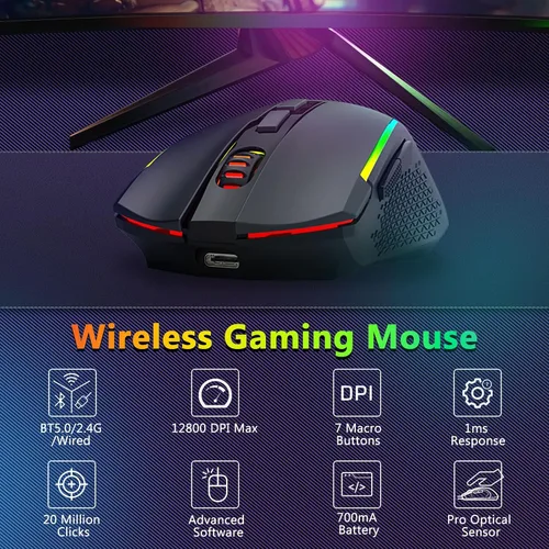 Vista 4 de Redragon Combo de teclado y mouse inalámbricos para juegos, Bluetooth2.4GUSB-C con cable, retroiluminación RGB, teclado macro de membrana recargable