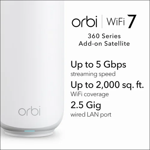 Vista 2 de NETGEAR Orbi Serie 360 (RBE360) Satélite de red de malla WiFi 7 de doble banda – Funciona con funciones de seguridad Orbi RBE362, RBE363, 5 Gbps