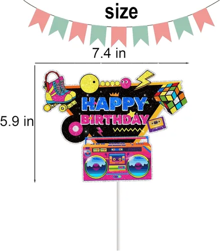 Vista 2 de Decoración de pastel de los años 90 para hombres y mujeres, suministros de fiesta de feliz cumpleaños de los 80, decoraciones de fiesta de los años