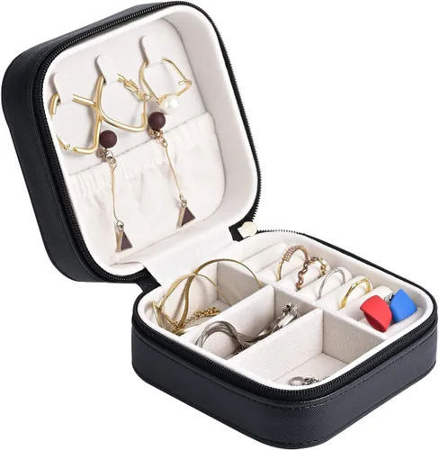 Vista 8 de Joyero de viaje de cuero de lujo para mujer, mini organizador de joyería pequeña, estuche de viaje portátil para anillos, aretes, collares