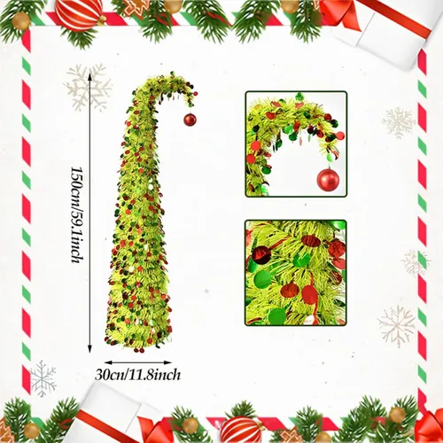 Vista 4 de 5ft Pop Up Artificial Christmas Tree with LED Lights for Holiday Decor Green Pre-Lit Christmas Tree, 1 Red Ball, Artificial Collapsible Skinny Verde