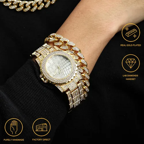 Vista 2 de Halukakah ECLIPSE - Reloj de diamantes para hombre, con diamantes completos, chapado en oro real de 18 quilates, chapado en oro blanco platino Reloj