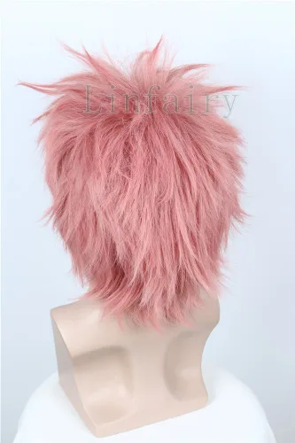 Vista 5 de Linfairy Peluca de cosplay de anime, color rosa, recta y corta, unisex, para disfraz de Halloween para hombre