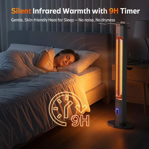 Vista 7 de Calentador eléctrico para patio al aire libre, calentador de torre infrarrojo de 42 pulgadas de 1500 W con 9 ajustes de calor y temporizador de 9