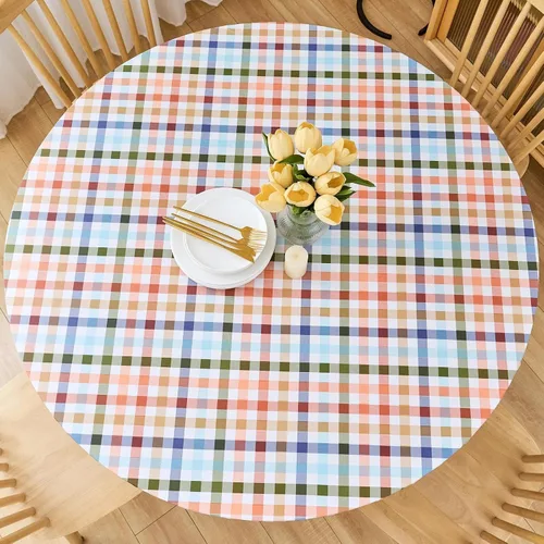 Vista 80 de LIBERECOO Mantel redondo de vinilo ajustable con reverso de franela, borde elástico, impermeable, resistente a las manchas, mantel lavable