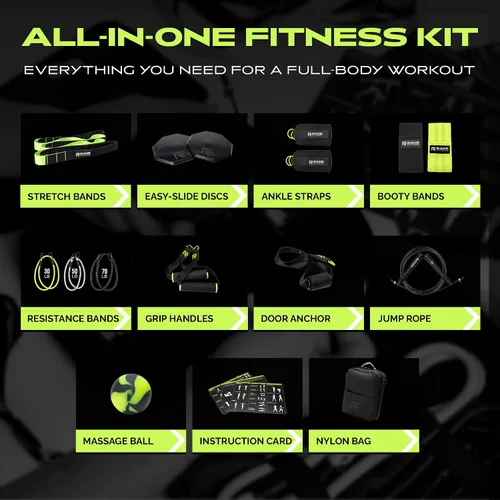 Vista 2 de Rage Fitness Ex Kit 9 en 1 gimnasio en una bolsa – Bandas elásticas, para glúteos y resistencia con asas, anclaje de puerta, viajes, oficina