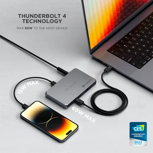 Vista 4 de Satechi Hub delgado Thunderbolt 4 5-en-1, carga USB C de 60W, pantalla única de 8K o doble de 4K, 4 puertos Thunderbolt 4, USB 3.2 Gen2, compatible