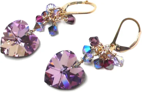 Vista 6 de 14x14mm Crystal Heart Light Purple Cluster Drop Earrings Gold-Filled or Sterling Silver
