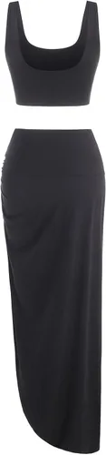 Vista 7 de ZAFUL Women's Casual Sleeveless Summer Two Piece Outfits Crop Top and Side Split Draped Ruched Maxi Skirt Set Solid Suiting