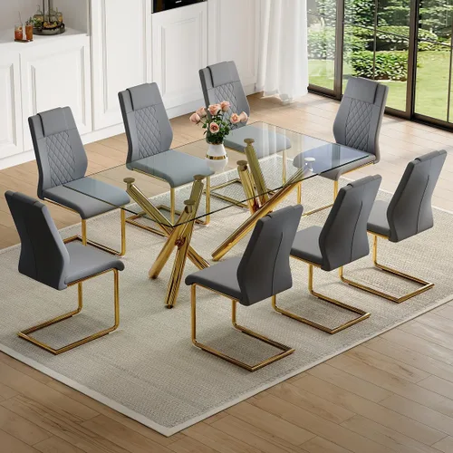 Vista 8 de Juego de mesa de comedor de cristal para 6, 71 pulgadas juego de mesa de comedor moderno para 6 7 Piece Dining Table Set, 6 White Dining Chairs