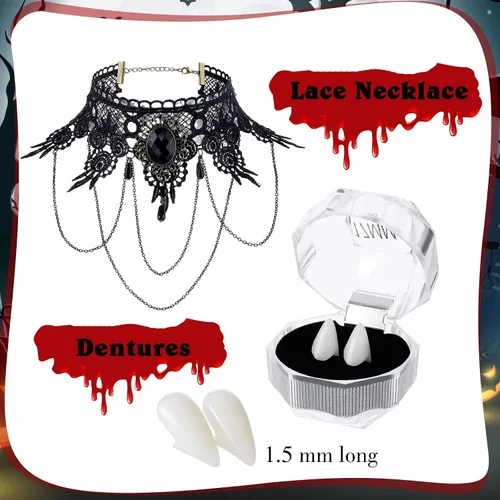 Vista 2 de 3 piezas de accesorios de disfraz de vampiro para niñas, collar gótico retro de Halloween, collar y colmillos de vampiro dientes con pellets