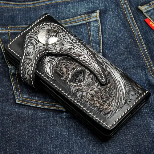 Vista 4 de Cartera de cuero real Harley Indian para hombre motorista para cadena