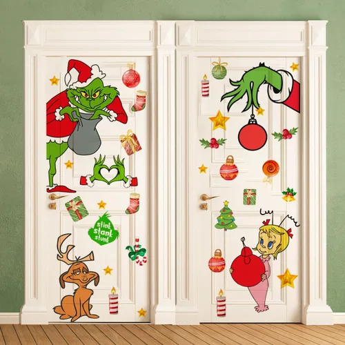 Vista 6 de Adhesivo decorativo para puerta de Navidad, calcomanías de puerta de vidrio de temporada extraíbles con calcomanías de copo de nieve para ventana