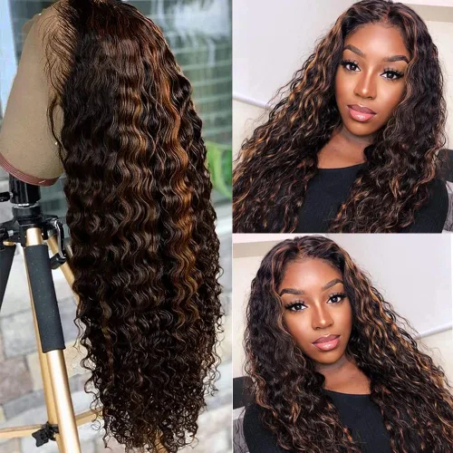 Vista 8 de Peluca de cabello humano con encaje frontal degradado 1B/30, negro y marrón 13x6, pelucas de encaje frontal HD predepiladas con abuelitos, ondulado